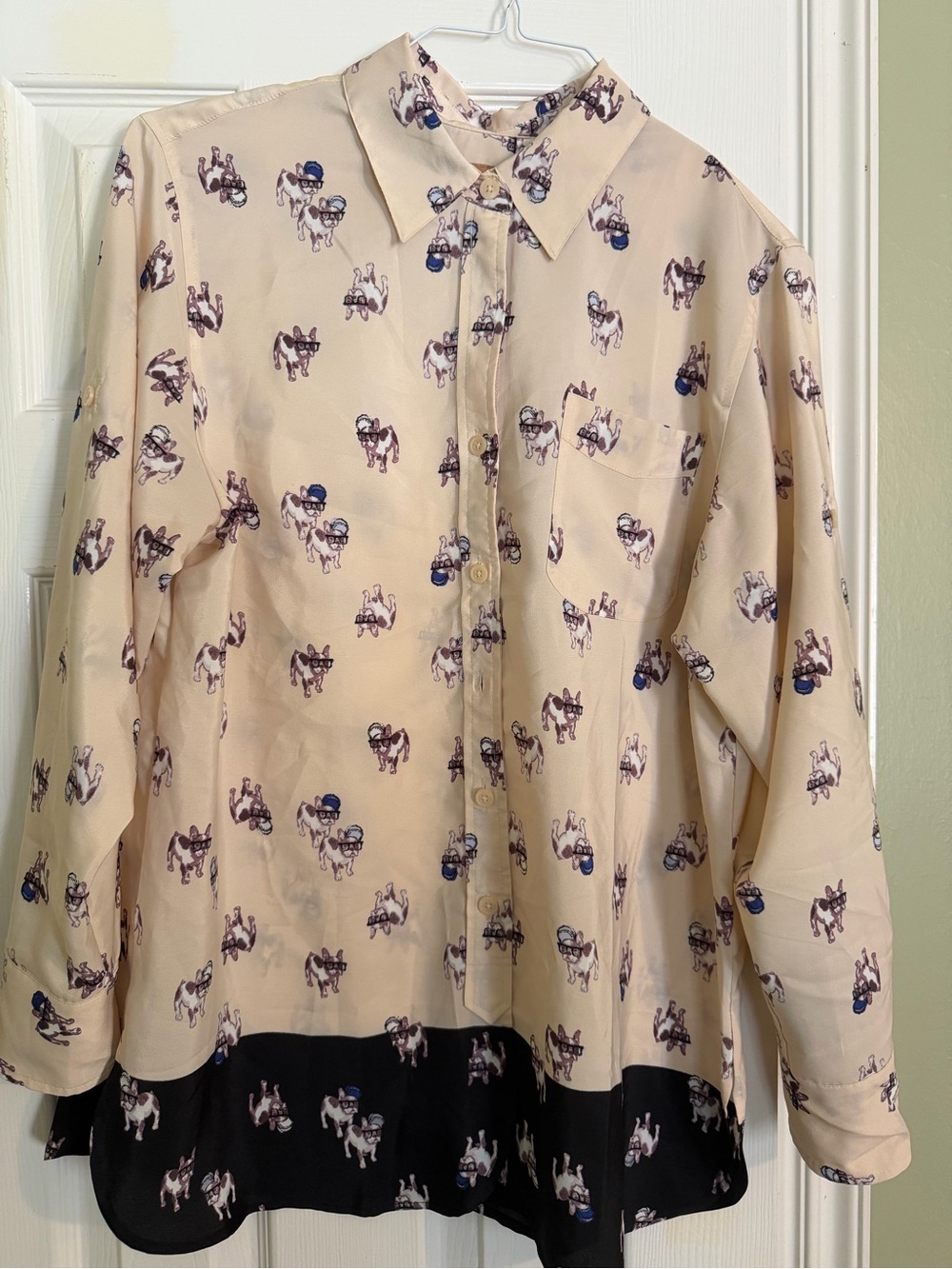 Women’s Beige Print Button-Up Shirt with Black Hem Dogs
